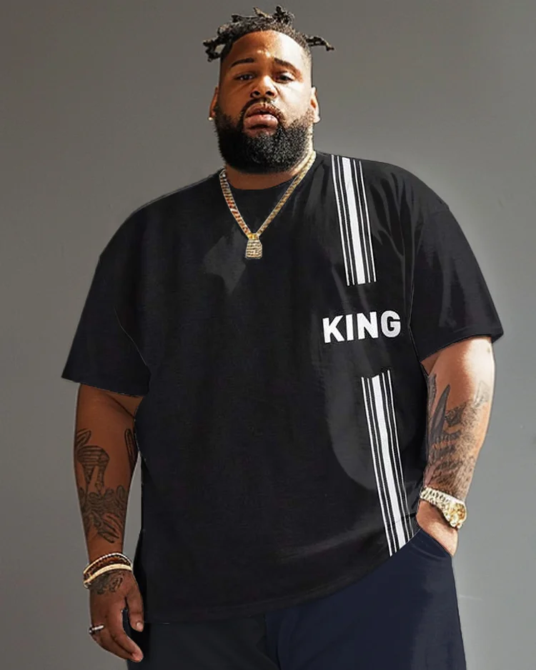 Men's Plus Size Patchwork Striped King Alphabet Round Neck Short Sleeve T-Shirt