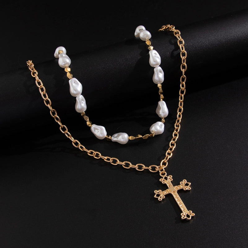 Ornament New Multi-Layer Cross Pendant Pearl Necklace For Men Versatile Personality Clavicle Chain Accessories