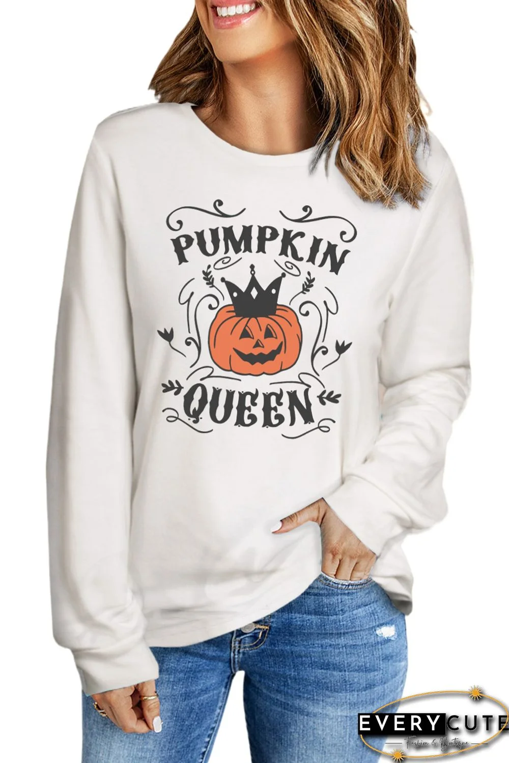 White Halloween PUMPKIN QUEEN Graphic Print Long Sleeve Top