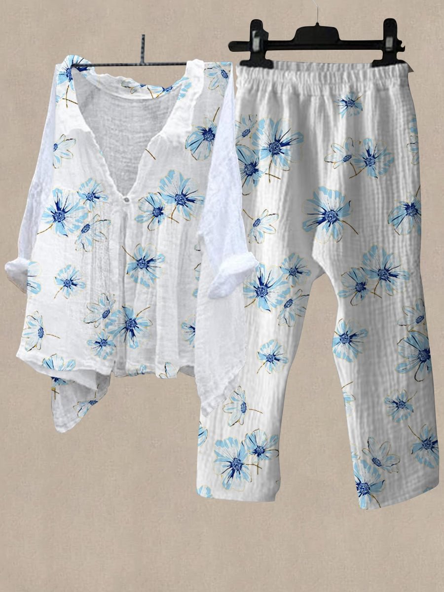 Women's Blue Flower Print Shirt Collar Top And Casual Pants Linen Two Pieces