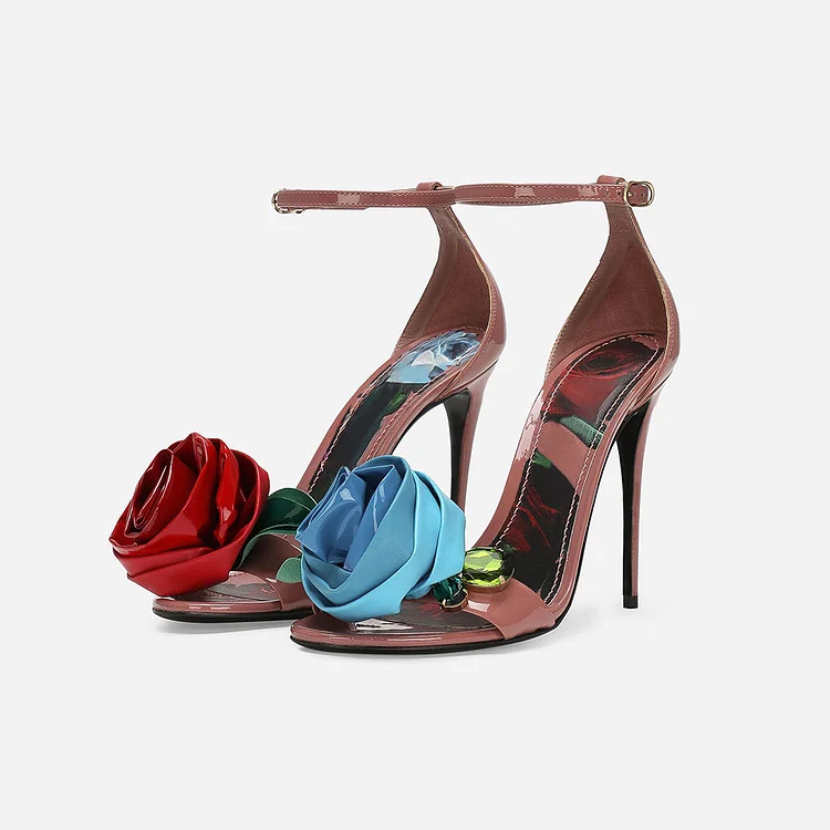 Pink Patent Leather Floral Rhinestone Embellished Strap Heels Sandals |FSJ Shoes