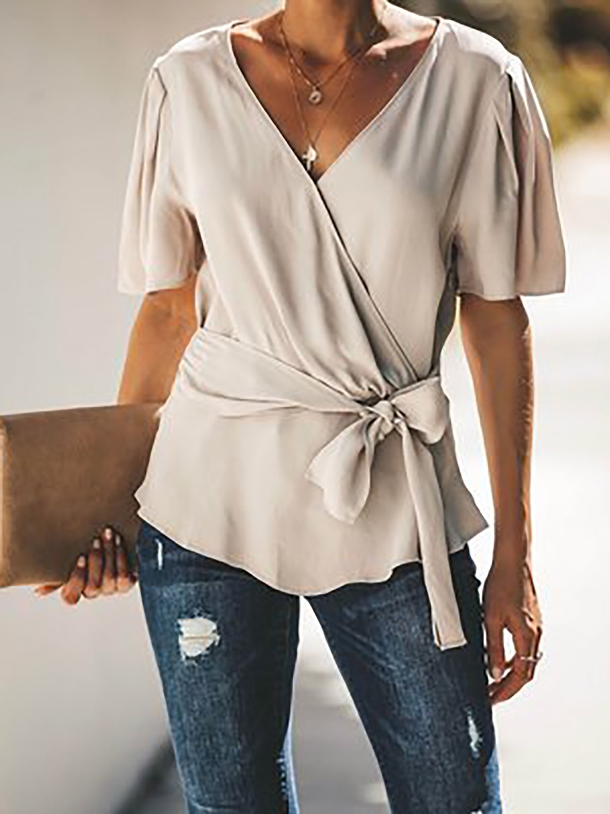 Bow Short Sleeve Sweet Blouses Solid Shirts