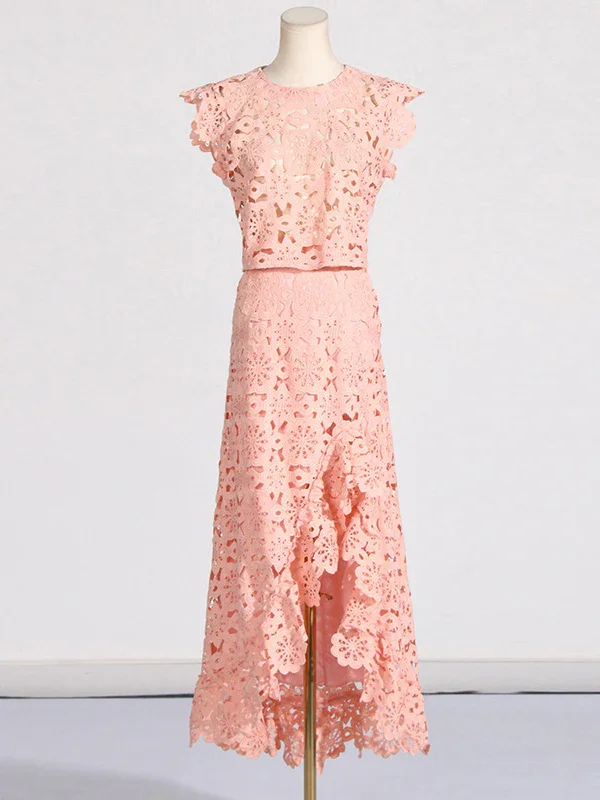 Flower Print Hollow Jacquard Solid Color Round-Neck Vest Top + Ruffle Trim Bodycon High-Low Skirts Bottom Two Pieces Set