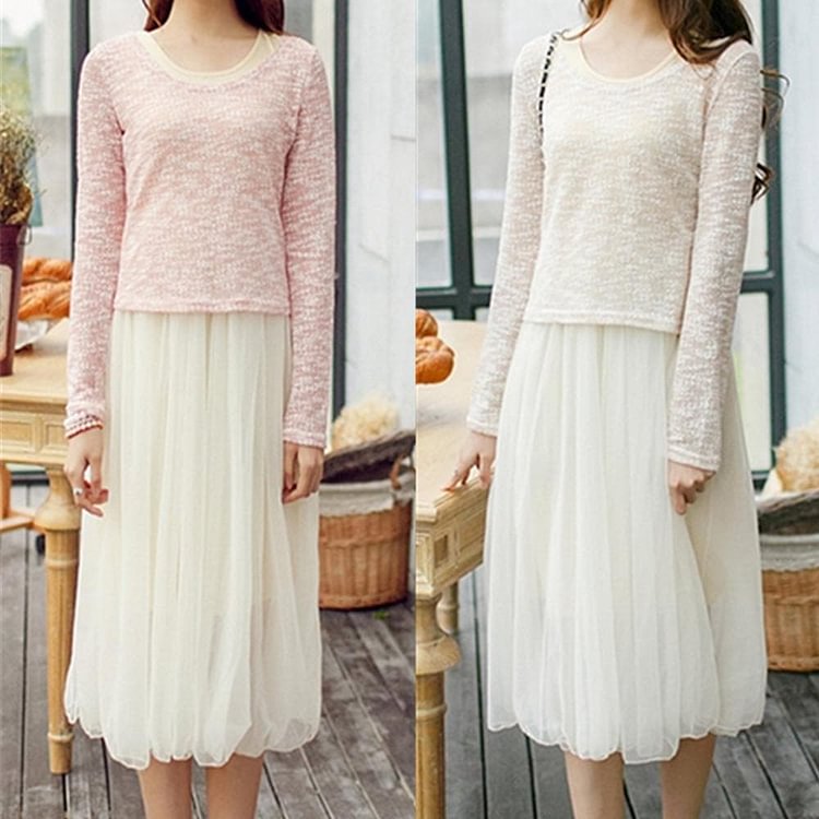 M/L/XL Pink/Apricot Long Sleeves T-Shirt + Chiffon Dress Set SP152625