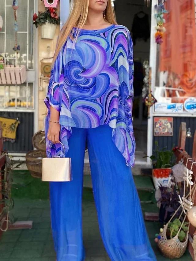 Women's Fashion Streetwear Daily T Shirt Wide Leg Pants 3/4 Length Sleeve Crew Neck Ombre Casual Daily Yellow Pink Blue Summer Regular Fit