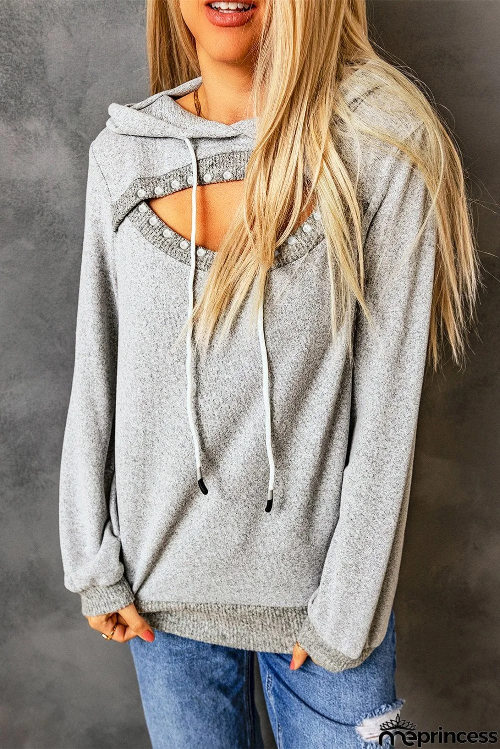 Cut Out Bead Long Sleeve Pullover Sweatshirt
