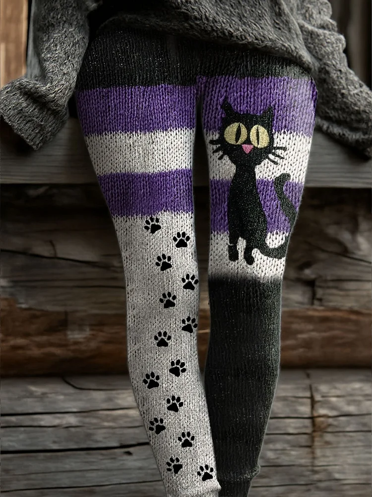 Women's Retro Animal Black Cat Contrast Cozy Print Leggings 