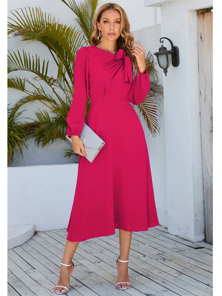 Solid Color Long Sleeve Round Neck Bow Long Skirt -vasmok
