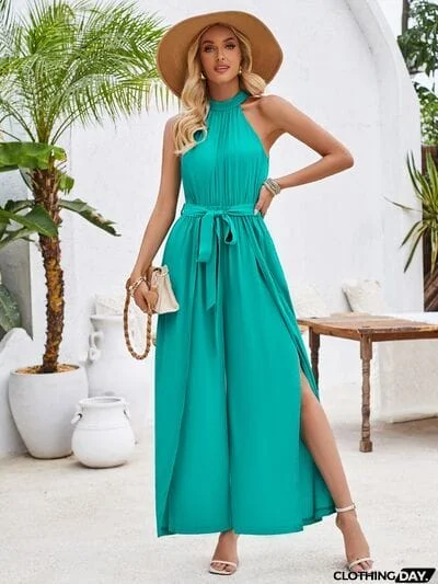 Ruched Slit Tied Sleeveless Jumpsuit