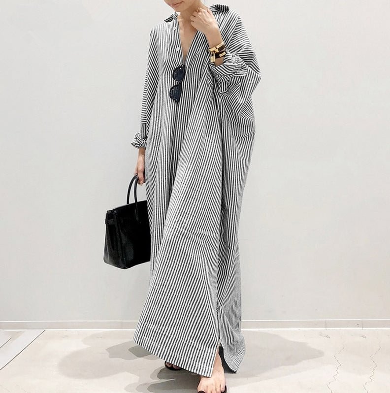 New Cotton and Linen Striped Cardigan Loose Plus-size Temperament Commuter Irregular Dress