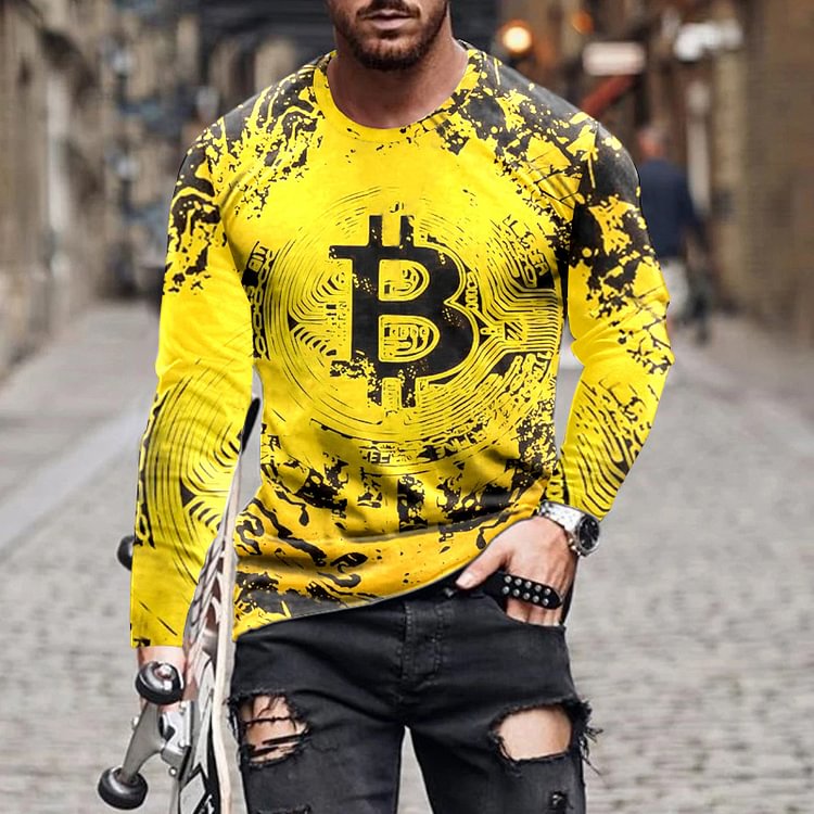 Bitcoin Pattern Streetwear Long Sleeve Casual Men's T-shirts