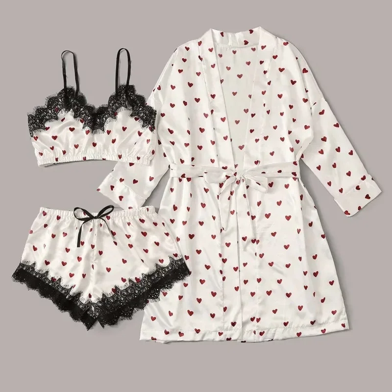 Elinlin 2/3PCS Women Satin Ice Silk Pajama Set Heart Print Lace Sleeping Skirt Seamless Sexy Lingerie Homewear Pajama Short Sleepwear