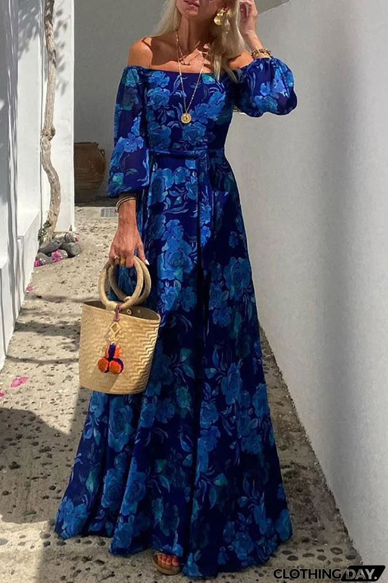 Sexy Vintage Print Flowers Patchwork Off the Shoulder A Line Dresses