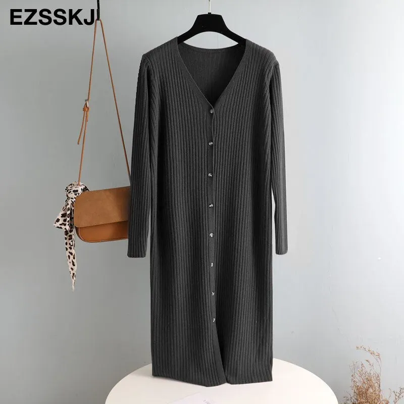 autumn winter v-neck STRAIGHT sweater dress chic oversize loose knit dress women long dress Female  chic sweater maixt dress