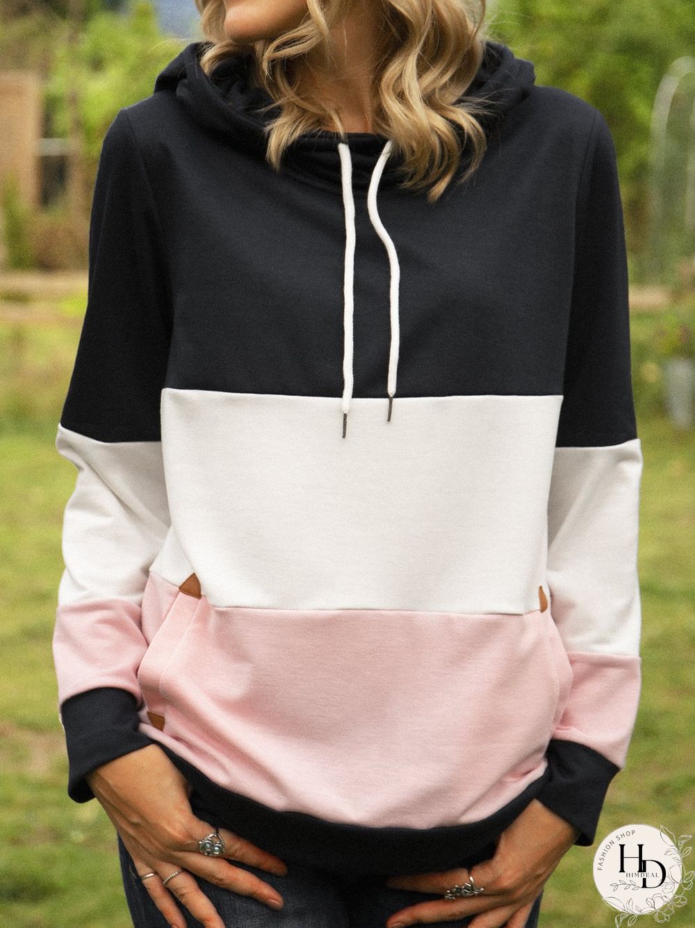 Multicolor Solid Paneled Hoodie Long Sleeve Sweatshirts