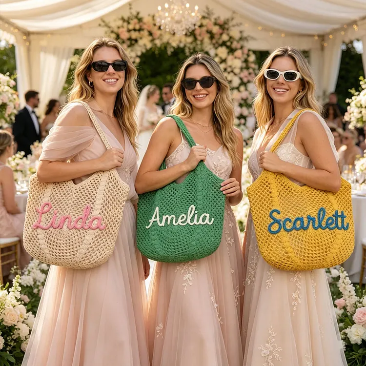 Personalised Straw Knitted Beach Bag and Crochet Tote - Unique Bridesmaid Gift Bags, Travel Wedding Favor, Bachelorette Trip Present