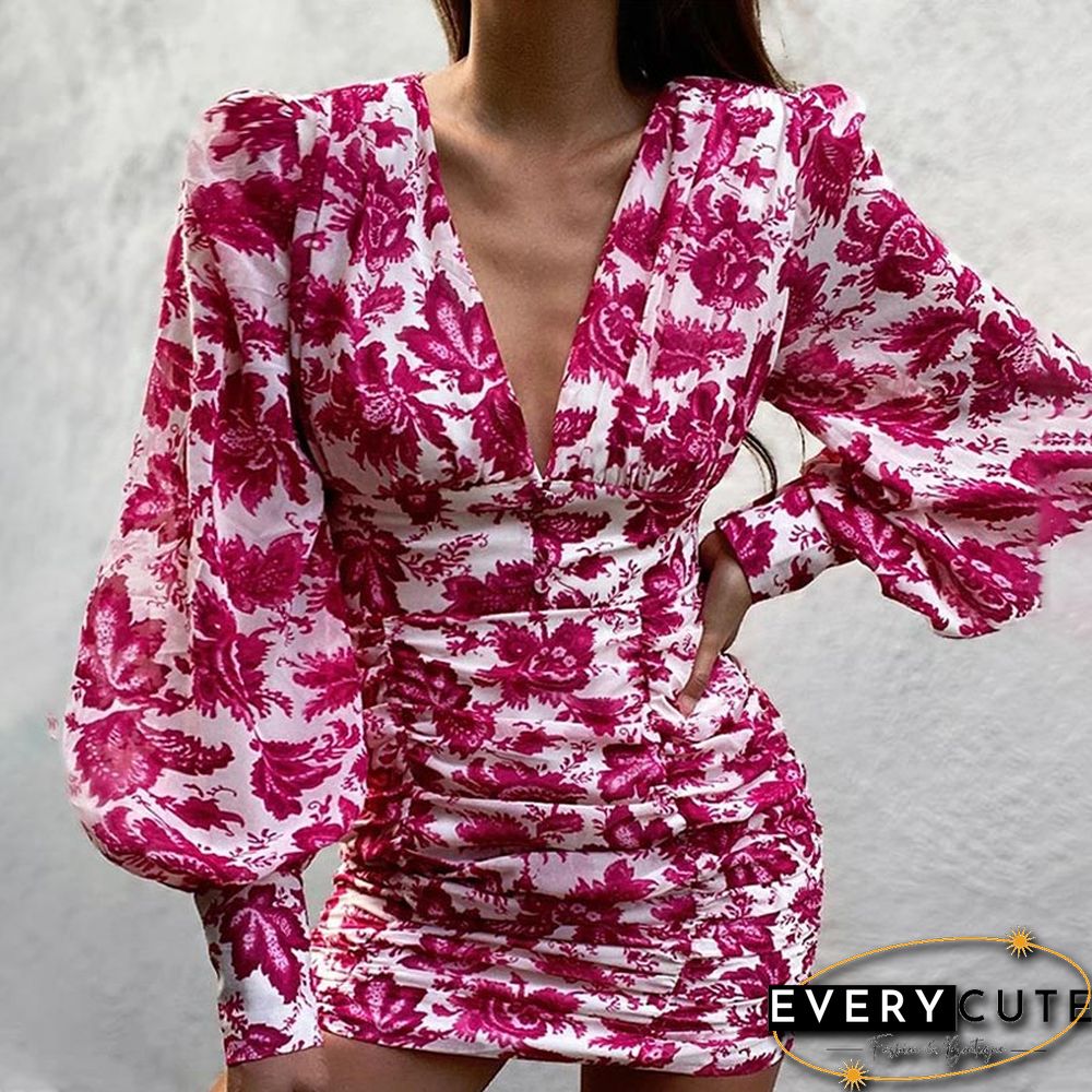 Women Sexy Deep V Neck Floral Print Long Lantern Sleeve Ruched Dress Summer Elegant Female Bodycon Party Dress Vestido