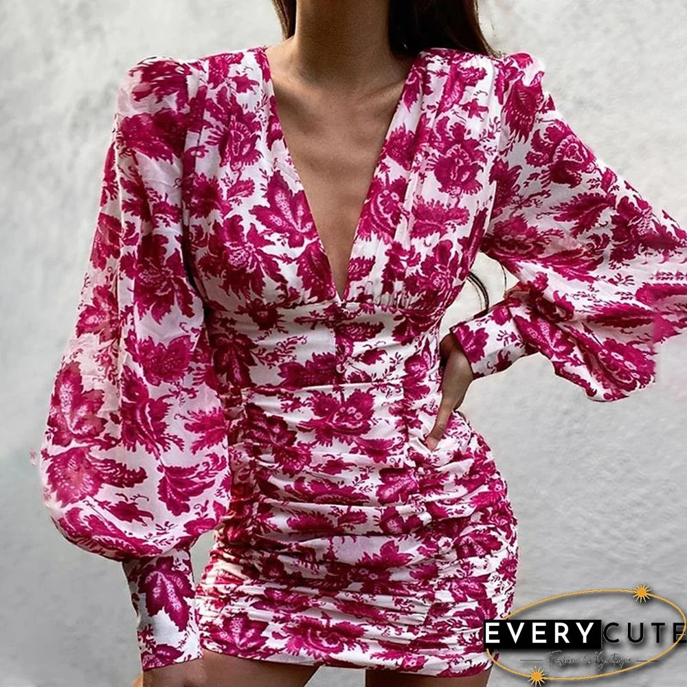 Women Sexy Deep V Neck Floral Print Long Lantern Sleeve Ruched Dress Summer Elegant Female Bodycon Party Dress Vestido