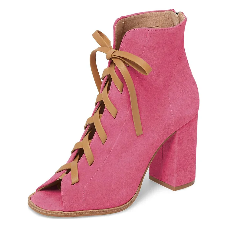 Pink Vegan Suede Lace Up Peep Toe Chunky Heel Boots |FSJ Shoes