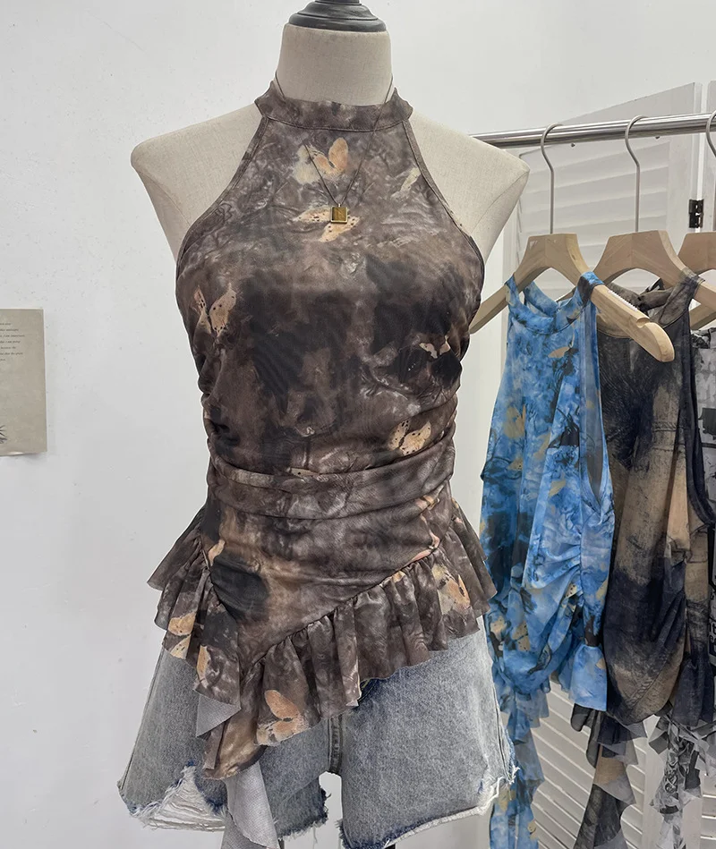 Uveng Trend Irregular Hanging Neck Dyeing Net Yarn Vest Lotus Side Ribbon Short Sleeveless Top 9969