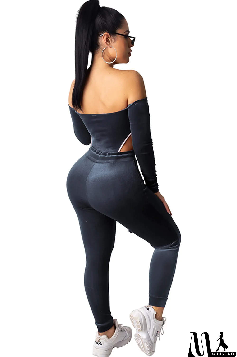 MidiSono - purple Polyester Sexy Solid Two Piece Suits pencil Long Sleeve Two-piece Pants Set