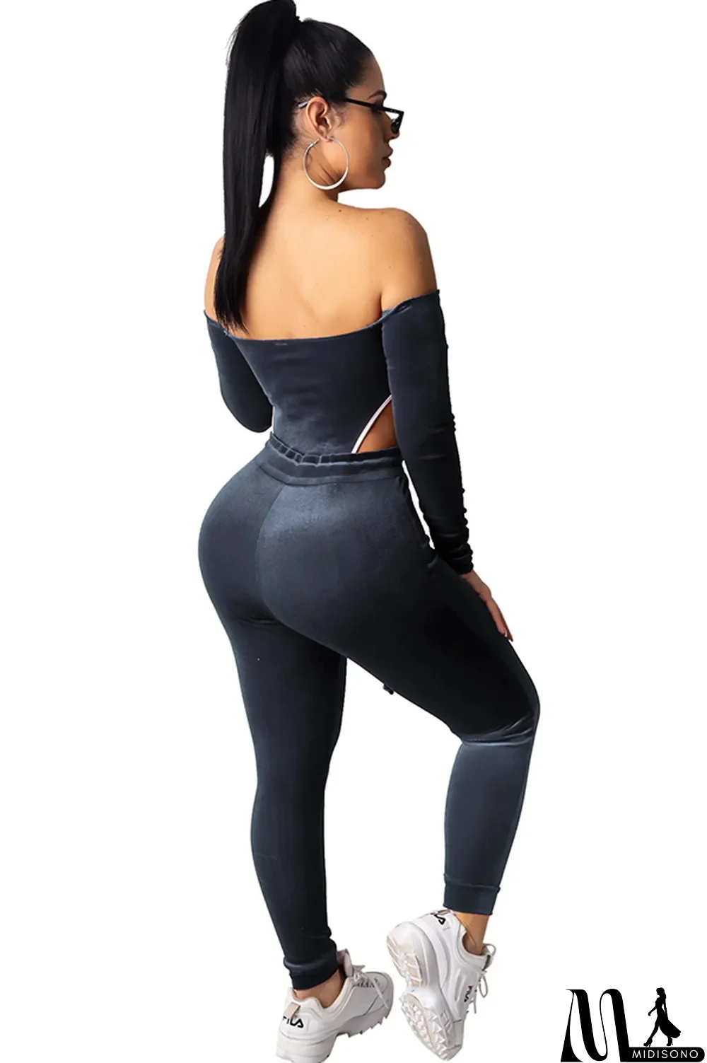 MidiSono - purple Polyester Sexy Solid Two Piece Suits pencil Long Sleeve Two-piece Pants Set