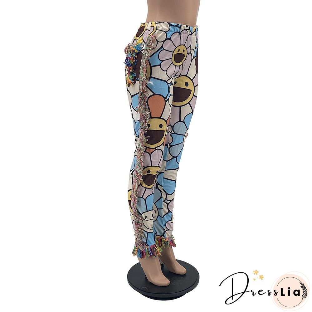 Side Tassels Patchwork Elastic Waist Women Print Jogger Pant