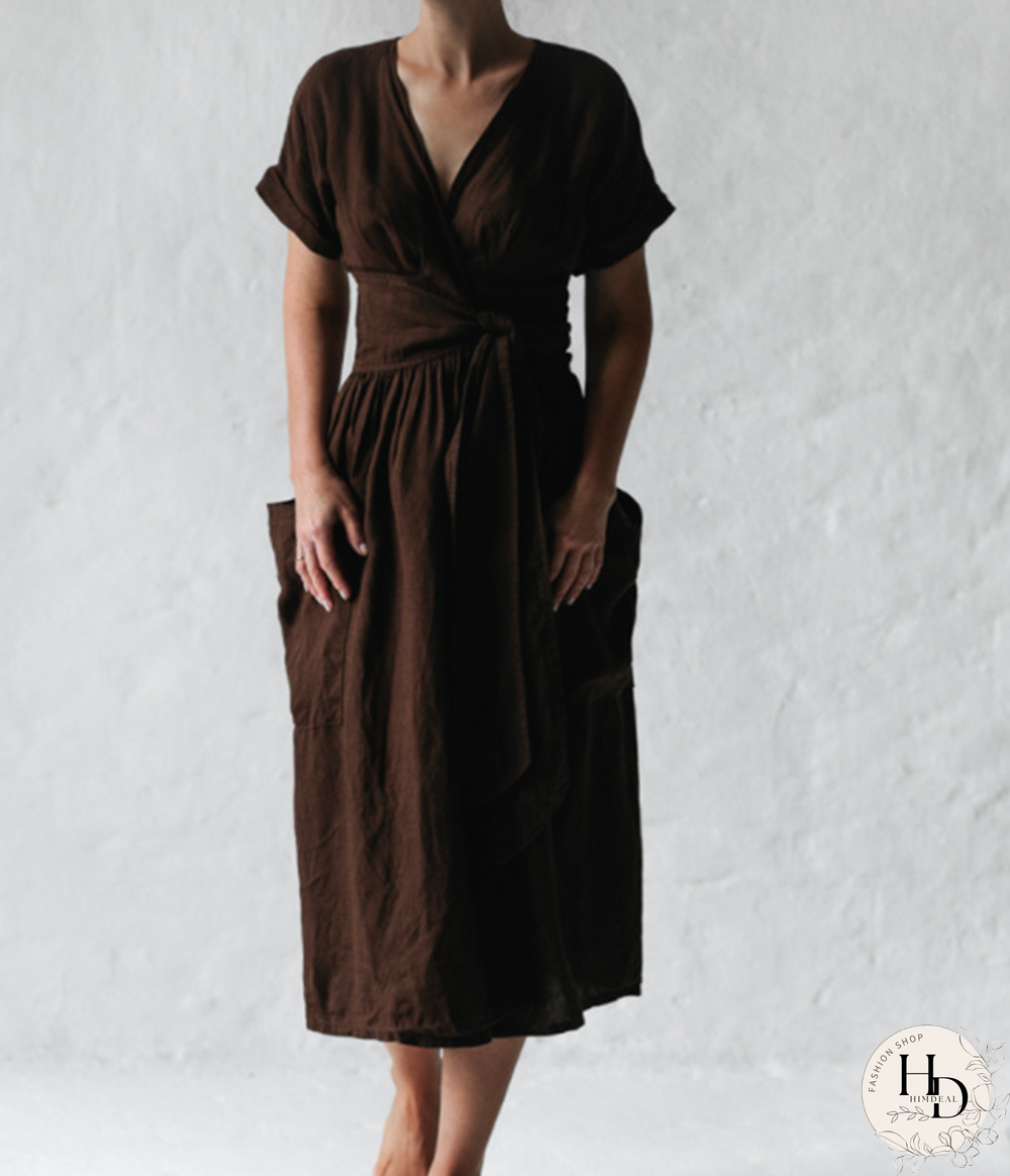 Solid Wrap V-neck Short Sleeve Casual Dress For Women
