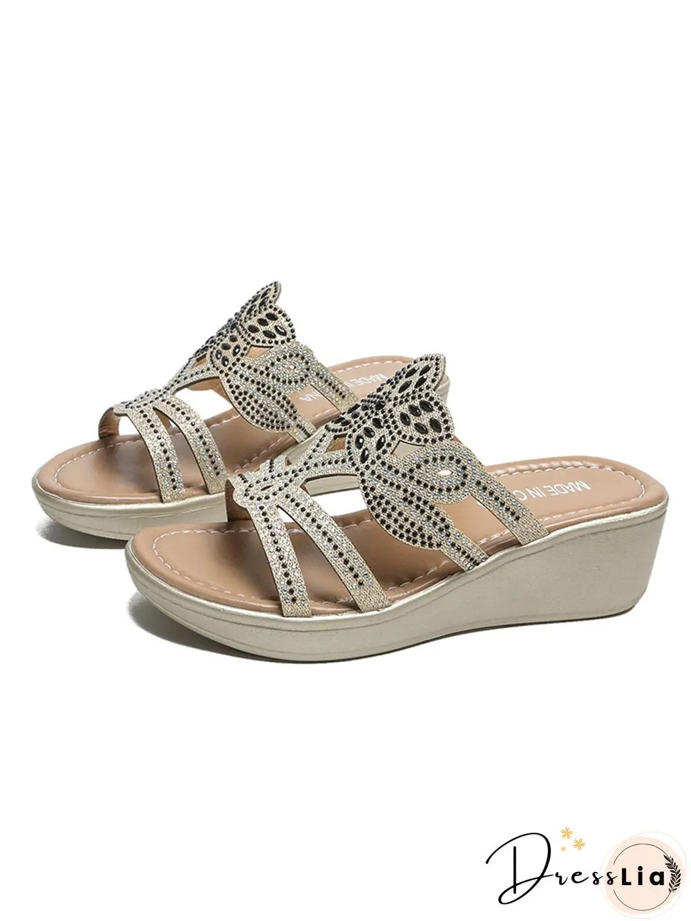 Rhinestone Floral Leaf Cutout Glitter Wedge Slippers