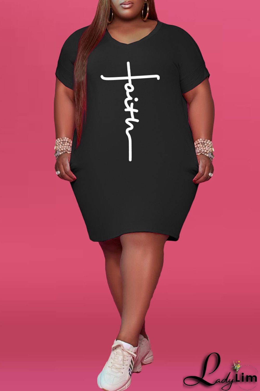 Black Fashion Casual Print Basic V Neck Short Sleeve Dress