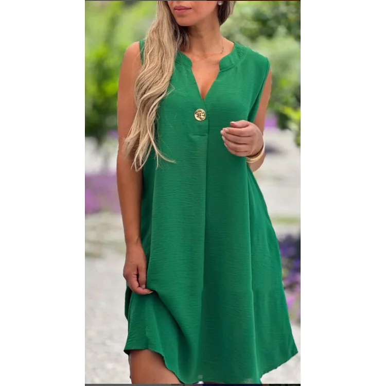 💖Limited Sale 50% OFF💖Solid Color Sleeveless V-Neck Dress with Button Decoration