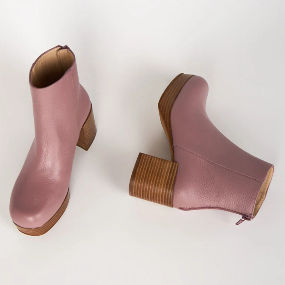 Lilac Purple Block Heel Round Toe Platform Booties with Back Zipper