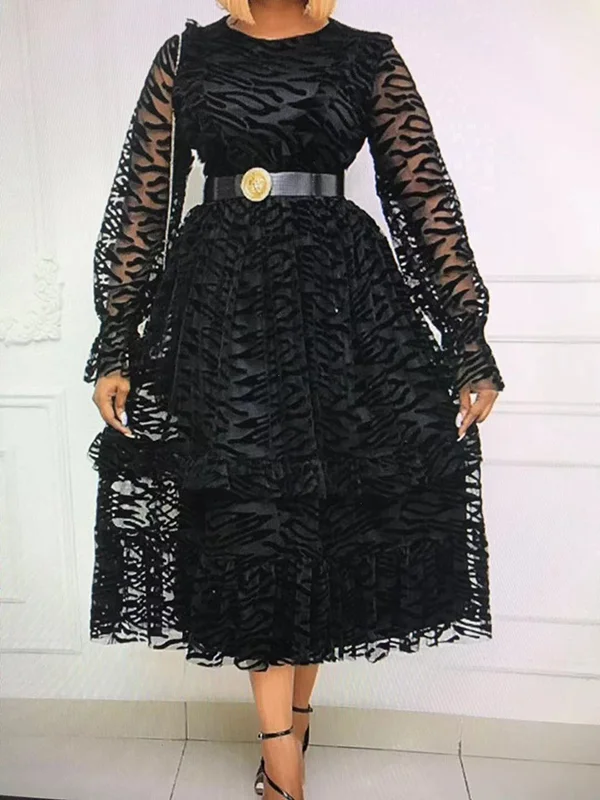 Round-Neck Long Sleeve See-Through Belted Empire Casual Midi Dress