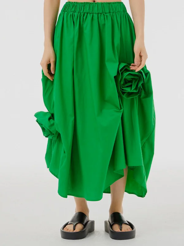Loose Asymmetric Elasticity Solid Color Three-Dimensional Flower Skirts Bottoms