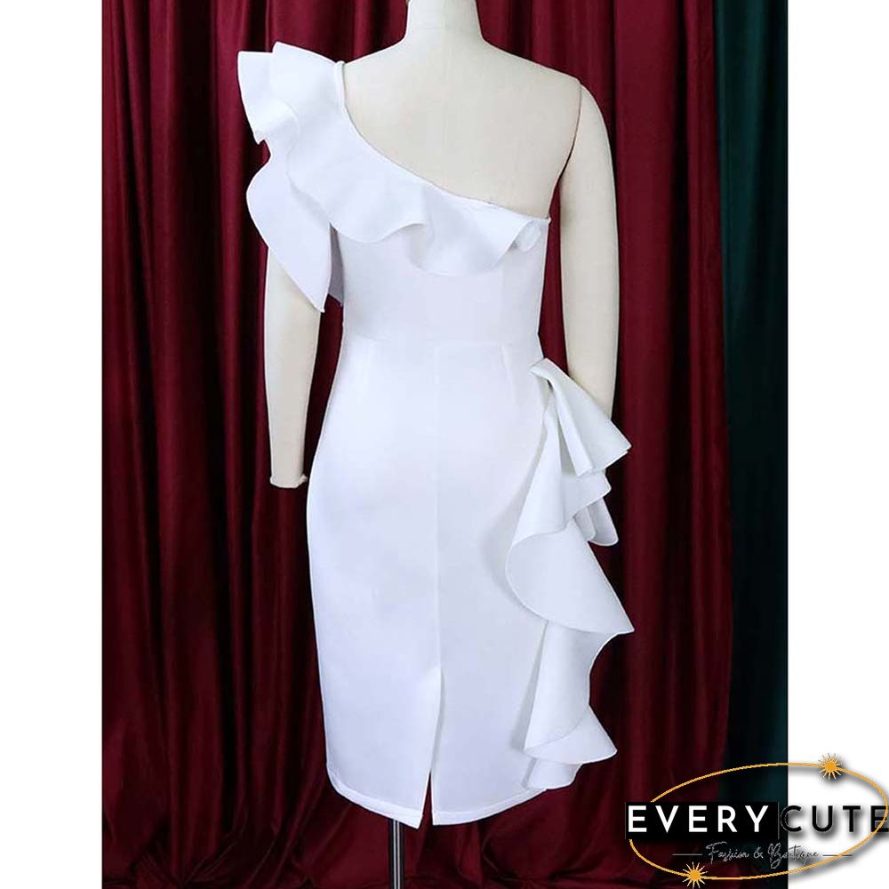 White Solid One Shoulder Bodycon Dress with Ruffles