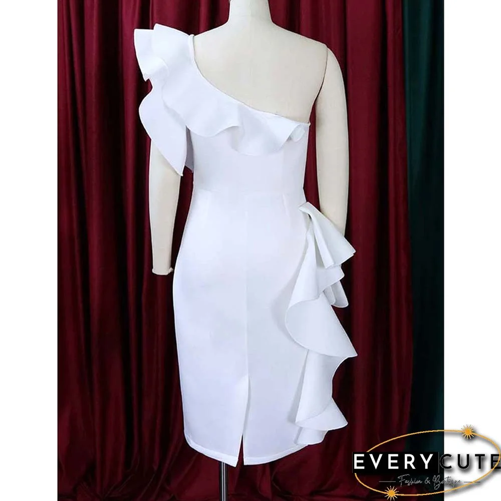 White Solid One Shoulder Bodycon Dress with Ruffles