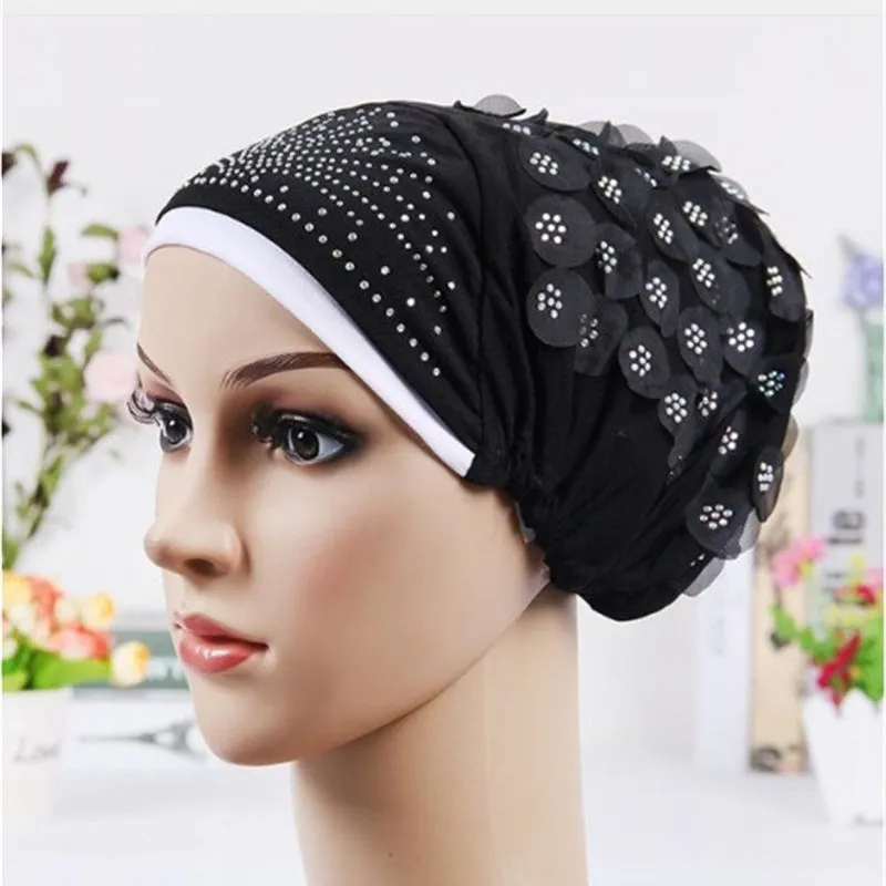 Women's Sequins Flowers Muslim Turban Hat Cap
