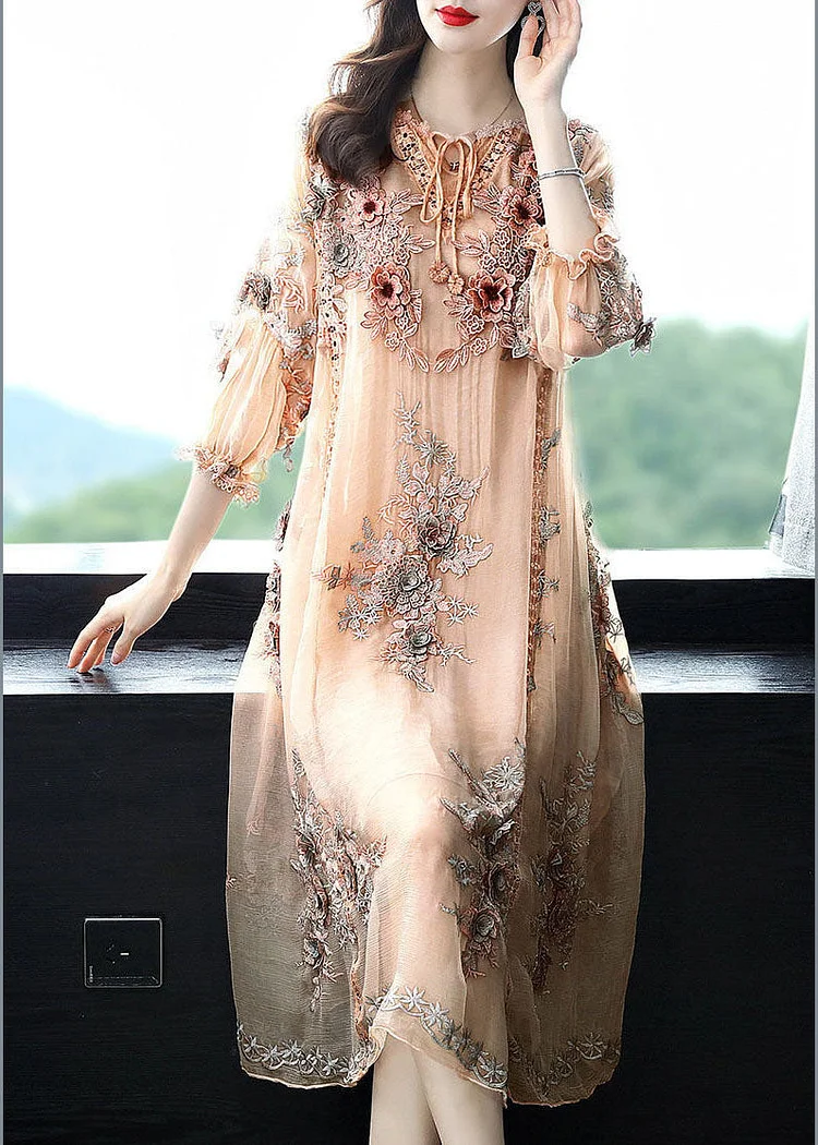 Elegant Beige Lace Up Jacquard Silk Holiday Dress 3/4 Sleeve