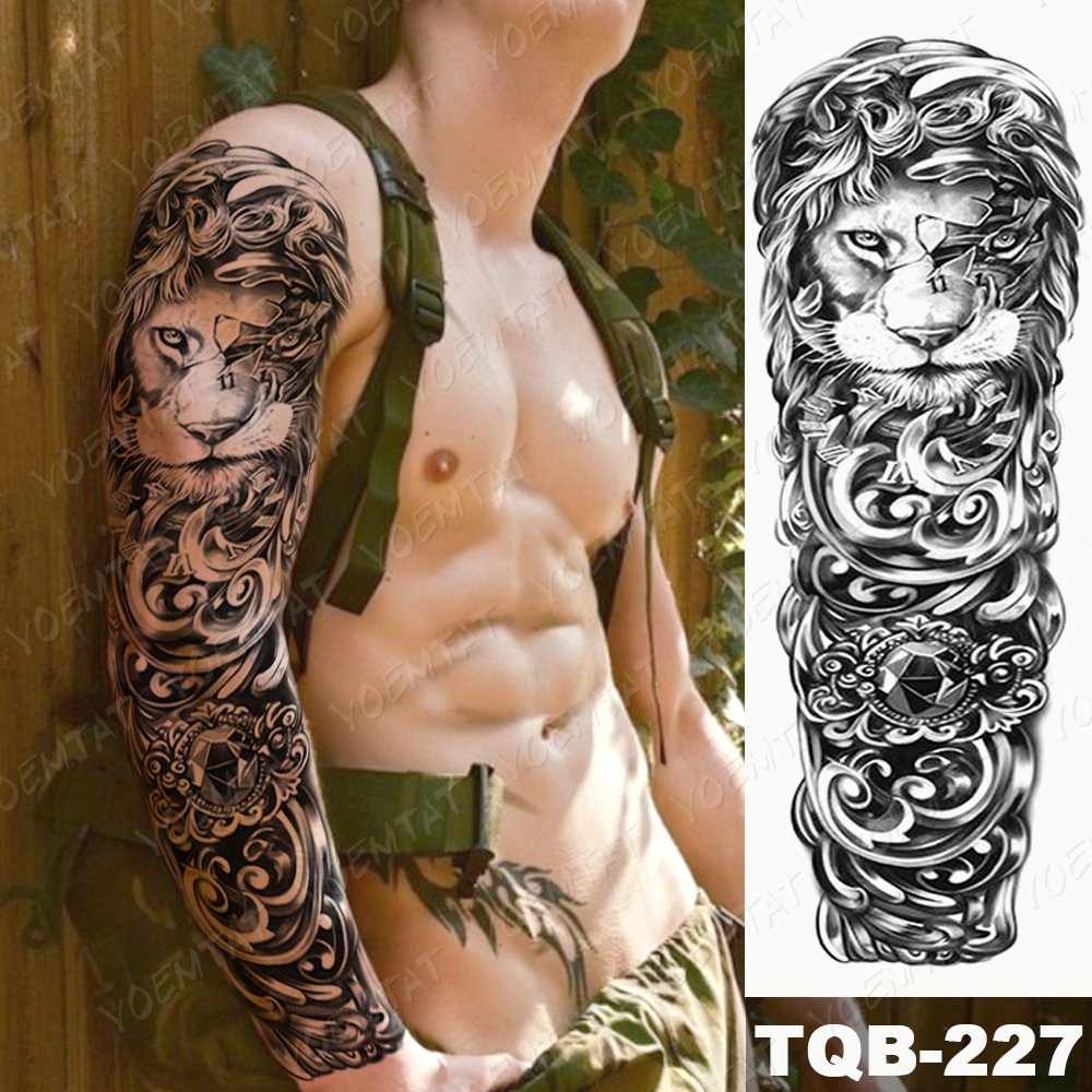 Gingf Temporary Full Arm Tattoo Sticker Lion Clock Rose Flower Flash Tattoos Male Tribal Body Art Fake Sleeve Tatto Female