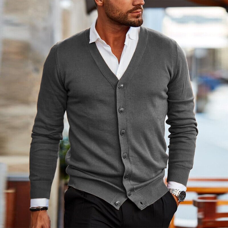 Men's Plain V Neck Buttoned Knitted Cardigan