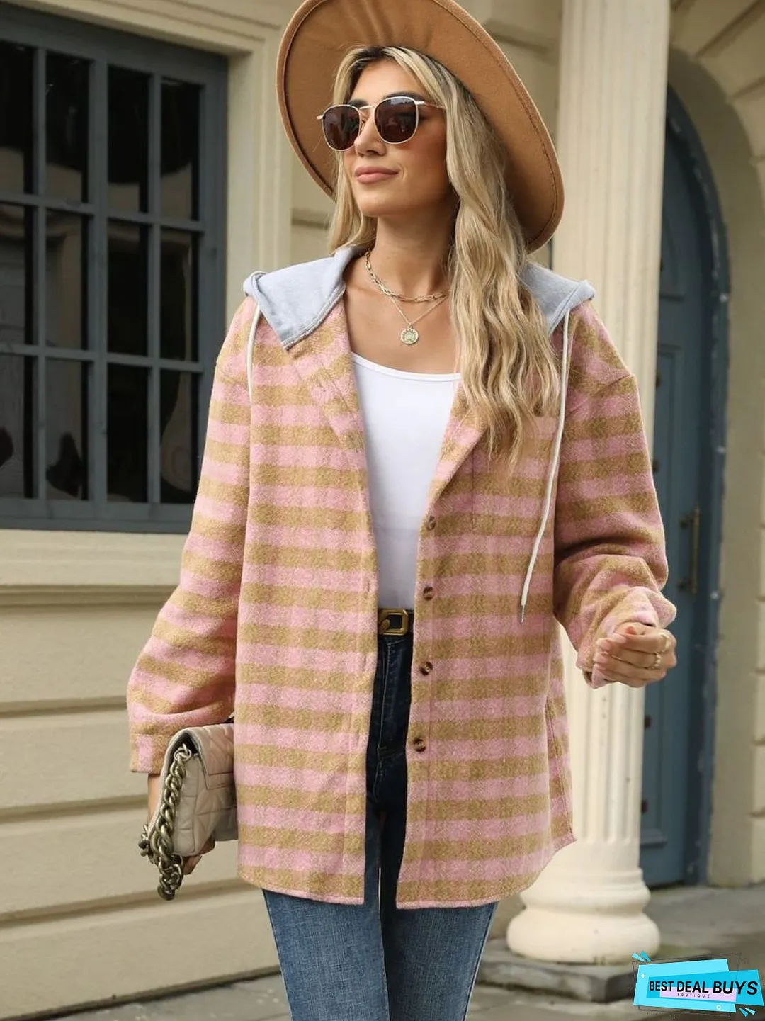 Drawstring Plaid Long Sleeve Hooded Jacket