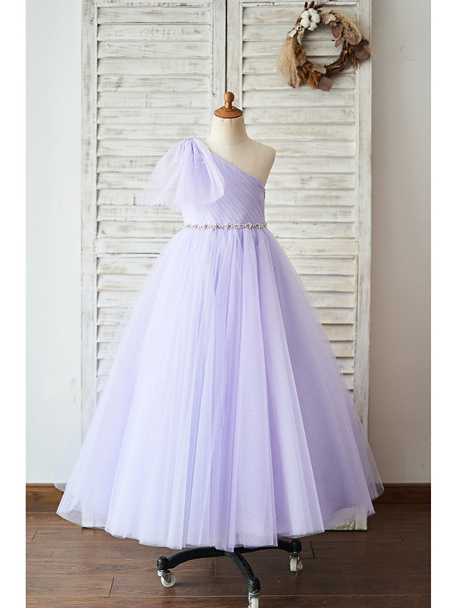 Oknass Ball Gown Sleeveless One Shoulder  Flower Girl Dresses Tulle With Belt Bow