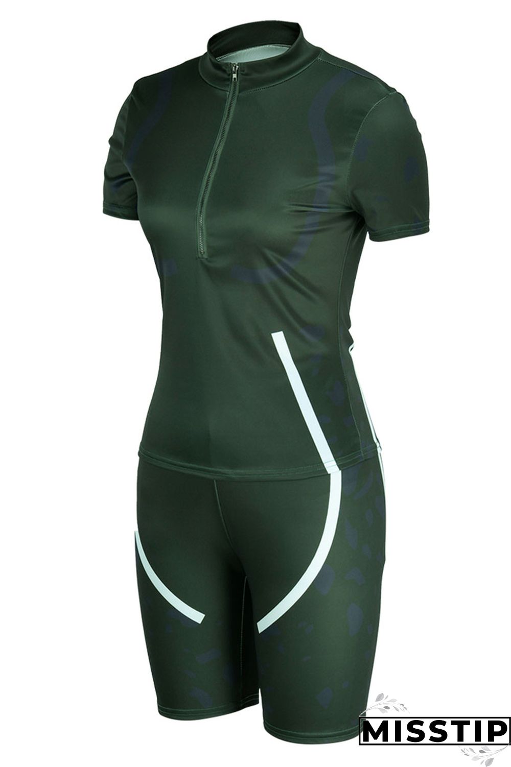 Army Green Casual Print Patchwork O Neck Short Sleeve Two Pieces