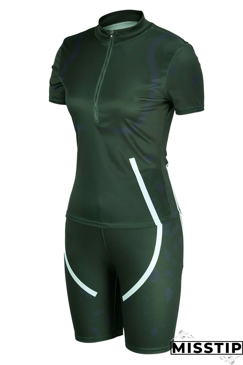 Army Green Casual Print Patchwork O Neck Short Sleeve Two Pieces