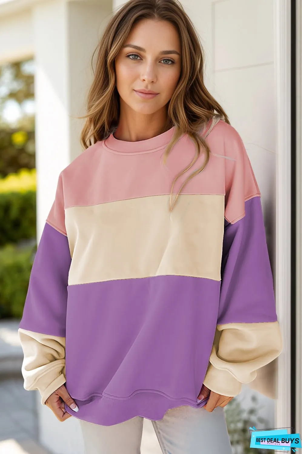 Color Block Round Neck Long Sleeve Sweatshirt