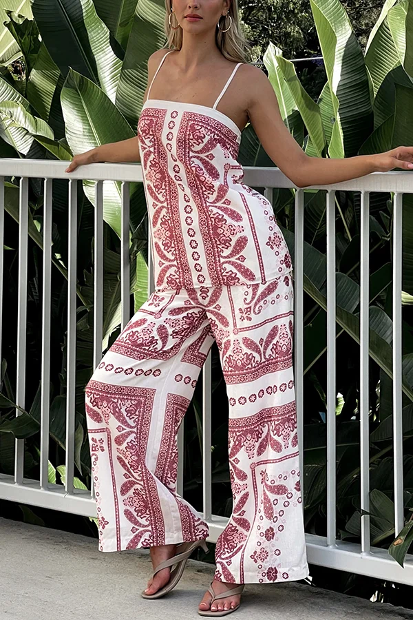 Unique Print Loose Casual Tank Top and Elastic Waist Wide Leg Straight Pants Set
