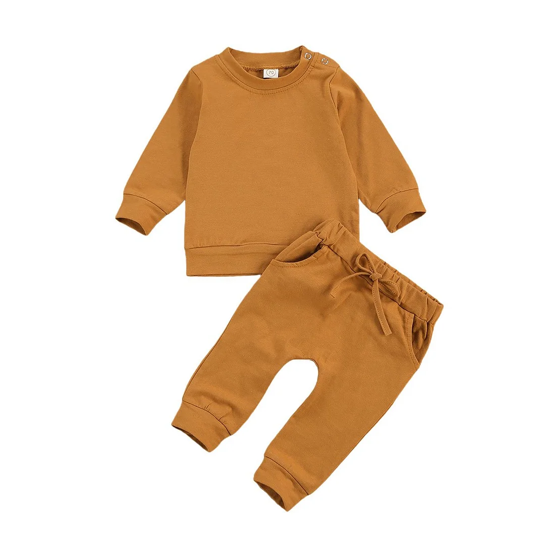 2Pcs Newborn Infant Baby Girls Boys Solid Color Outfits Infant Long Sleeve Round Neck Pullover Side Pockets Drawstring Trousers