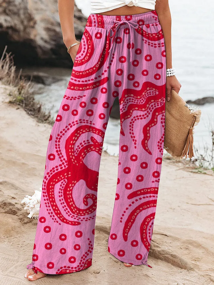 Women's  Pink Octopus Art Printed Cotton And Linen Casual Pants