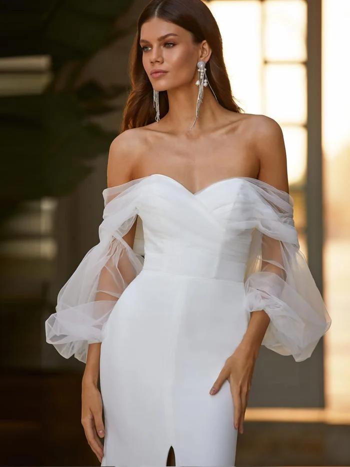 Mesh Long Sleeve One-word Neck Sexy Long Split Evening Dress