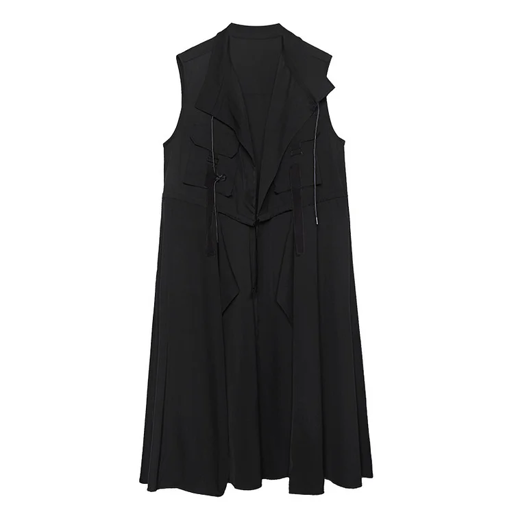 Loose Solid Color Sleeveless Suit Collar Vest Midi Dress